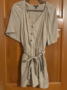 Express women’s linen blend khaki and white striped romper size M